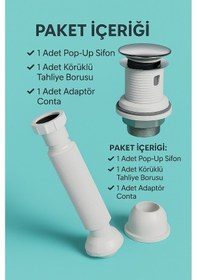 Resim Pop-up Lavabo Sifon Seti Taşmalı Uyumlu, Körüklü Tahliye Ve Ada 