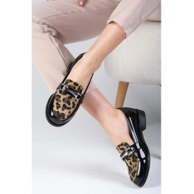 Resim Mio Gusto Siyah Renk Rugan ve Leopar Desen Kadın Günlük Oxford Düz Ayakkabı 