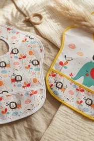 Resim Bebechi Safari Bliss 2'li Su Geçirmez Cepli Bebek Mama Önlüğü - Leke Tutmaz Silinebilir Safari Desenli Mama 