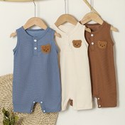 Resim 3 adet Bebek Erkekler için Kısa Kollu Atlet Jumpsuit, Sevimli Ayı Yama ile - Yazlık Waffle-Knit Kumaş, Kahverengi, Beyaz, Mavi, Kahverengi, Beyaz, Hafif Mavi, Gençler için Rahat Kıyafetler, Dış Mekanlar için 
