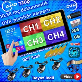 Resim Twogo TRAKTÖR MİBZER İÇİN DOKUNMATİK 10.36 İNÇ MONİTÖR VE 4 ADET AHD 720P BEYAZ LEDLİ KAMERA SETİ 12 V 