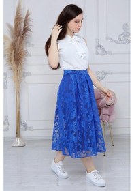 Resim Apsen Kadın Pile Detaylı Kloş Uzun Boy Dantel Yazlık Etek 2170/80 Saks 