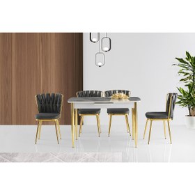 Resim Viento Mobilya Venüs Rambla Desenli Highgloss Metal Gold Ayak Masa Takımı 4 Adet Örgülü Ay Sandalye 