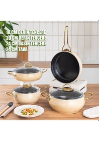Resim Lines L-5094-1 Yonca Güveç 7 Parça Tencere Seti - Krem Altın Kulp 