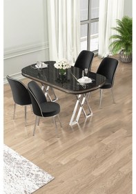 Resim Canisa Lai Serisi 90x168 Lak Panel Sonata Masa Ve 4 Siyah Sandalye Krom Kaplama Ayak Sonata Masa Siyah Sandalye Ayaklar Krom 