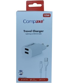 Resim Compaxe CTA-521DIU 5v 2.1A 10W 2USB 1mt Usb 3.0 Ev Şarj Kafa + Lightning Şarj Kablosu 