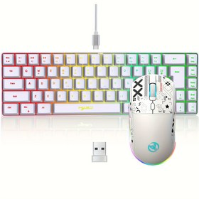 Resim 1 adet HXSJ Ergonomik 68 Tuşlu Kablolu Film Klavye ve Kablosuz Fare Kombinasyonu, 60% Kompakt Tasarım, Optik Takip, Şarj Edilebilir Polimer Pil, Type-C Şarj, Kablosuz Bağlantı, Oyun ve İş Seyahati için 