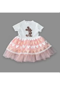 Resim 1-2-3 Yaş Payetli Mickey Baskılı Brode Etekli Kız Bebek Elbisesi Pudra Pudra 