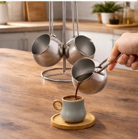 Resim Oms 7032 Çelik Tombik 4lü Cezve Takımı Silver 200-300-450 Ml 