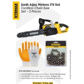 Resim Rtrmax RTX1891BSET Eldiven + Testere Zinciri Şarjlı Ağaç Kesme Motoru 3'lü Set 