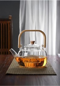 Resim Borosilikat Cam Demlik - Bambu Kulplu Bitki Demliği - Isıya Dayanıklı 1.2 L Şeffaf 