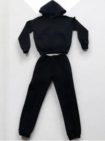 Resim Erkek Çocuk Kapüşonlu Parmak Geçirme Detaylı Sweat Eşofman Takım-14286 Siyah 