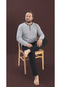 Resim Seamlife Erkek Büyük Beden Bisiklet Yaka 3 Düğmeli Mevsimlik Uzun Kollu Pijama Takımı Açık Gri 