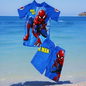 Resim 2 Adet Marvel Örümcek Adam Karikatür Baskılı Gençler Yüzme Takımı - Kısa Kollu, Esnek Polyester, Makinede Yıkanabilir, Üniseks Yuvarlak Yaka Üst ve Şort, Plaj Giyimi | Renkli Genç Giysileri | Elastik Polyester Karışımı 