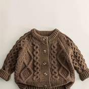 Resim Kızlar ve Erkekler için Vintage Esintili Kıvrılmış Örgü Hırka - Yumuşak Esnek Bej Açık Önü Buton Detaylı Kazak, Bahar ve Sonbahar Rahat Giyim için Mükemmel, Bahar Sonbahar Giyim, Vintage Esintili Tasarım, Orta Esneklikli Kumaş 