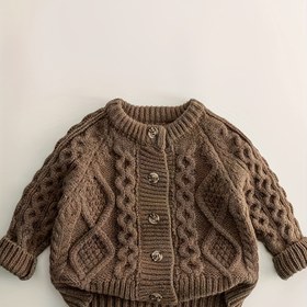 Resim Kızlar ve Erkekler için Vintage Esintili Kıvrılmış Örgü Hırka - Yumuşak Esnek Bej Açık Önü Buton Detaylı Kazak, Bahar ve Sonbahar Rahat Giyim için Mükemmel, Bahar Sonbahar Giyim, Vintage Esintili Tasarım, Orta Esneklikli Kumaş 