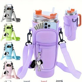 Resim 1 adet Çok Renkli Nöron Su Şişesi Çantası, Çeşitli 30/40oz Yalıtımlı Seyahat Bardakları için Uygun, Ayarlanabilir Omuz Askısıyla Tekrar Kullanılabilir Taşınabilir Su Poşeti, Telefon ve Para Cebi, Anahtarlık Bardak Kapağı, Okul, Dış Mekan, Yürüyüş, Ev, Yurt vb için İdeal 