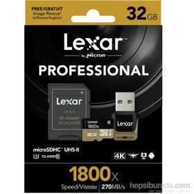 Resim Lexar 32Gb Microsdhc 1800X Uhs-Iı 270Mb/Sn.Usb 3.0Reader & Sdhc Adapter (C10) U3 Hafıza Kartı 