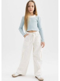 Resim Defacto Kız Çocuk Slim Fit Dar Kesim Bisiklet Yaka Fitilli Kaşkorse Uzun Kollu Tişört B7388A824SPBE506 Mavi 