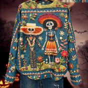 Resim Kadınlar İçin Yuvarlak Kenarlı, Kalın Kumaşlı, Uzun Kollu, Casual Kazak - Ölüler Çifti Desenli Baskılı 