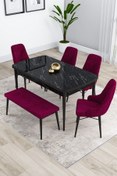 Resim Canisa Kar Serisi 80x132 Mdf Açılabilir Siyah Mermer Desenli Mutfak Masası Takımı 4 Mürdüm Sandalye 1 Bench 