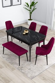Resim Canisa Kar Serisi 80x132 Mdf Açılabilir Siyah Mermer Desenli Mutfak Masası Takımı 4 Mürdüm Sandalye 1 Bench 