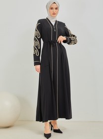 Resim İnci ve Kurdele Nakışı Detaylı Biyeli Abaya Ferace Siyah | 206761 - 40 / Siyah 