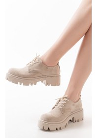 Resim 868-754 Bej Süet Bağcıklı Günlük Yüksek Tabanlı Loafer Ayakkabı 