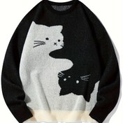 Resim Erkek ve Kadın Rahat Kedi Grafikli Kazak - Uzun Kollu Yuvarlak Yaka, Asimetrik Etek, Yumuşak Polyester Karışımı, Günlük Kolej Stili, Sonbahar/Kış İçin Mükemmel, Her Gün Rahat Giyim|Asimetrik Etek Kesimi|Polyester Karışımı, Örgü 