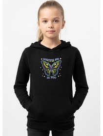 Resim Kanguru Cepli Kapüşonlu Kız Çocuk Sweatshirt Gırl Be You Yazı Baskılı Siyah 