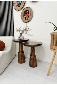 Resim ASELYA HOME Ahşap 2’li Set Mantar Yan Sehpa Modern Ceviz Renk Fiskos Zigon Çiçeklik 