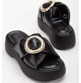 Resim Büyük Tokalı Kalın Taban Cilt Siyah Kadın Dolgu Topuk Terlik-3002-Siyah 