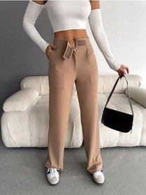Resim Nevege Butik Nevege Beli Cırtlı Likralı Krep Kumaş Palazzo Pantolon Camel 