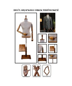 Resim Delüx 48 Beden Erkek Ahşap Kollu Terzi Mankeni Vitrin Mankeni Cansız Manken 