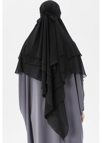 Resim Hazır Pratik Şifon Üç Katlı Peçeli Üçgen Hac Umre Şalı Sufle Hijab Nikap Siyah 