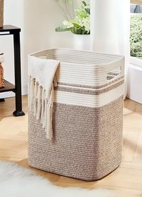 Resim SFB - Savora Çok Amaçlı Katlanabilir Moderin Tasarım Çamaşır Sepeti Gizli Kulp Detaylı Oturma Odası Geniş Hacim Battaniye Sepeti 35 x 40 cm Oyuncak Yastık Giyisi Havlu Depolayıcı (HASIR-BEJ) 