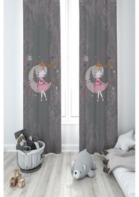 Resim Mekta Home Bebek Ve Çocuk Odası Ayda Oturan Kız Pembe Motifli Gri 2 Kanat Fon Perde 