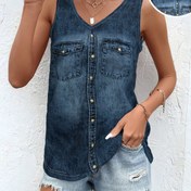 Resim Kadınların Kolsuz V-Neck Atleti - Rahat Şık Non-Denim Baskılı Tasarım, Yaz Gezileri ve Romantik Tarihler için Mükemmel, Yırtık Kenarlı, Rahat Giyim | Vneck Moda | Parlak Dokulu, Bayanlar Atleti 
