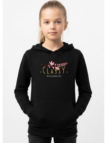 Resim Kanguru Cepli Kapüşonlu Kız Çocuk Sweatshirt Classy Yazı Baskılı Siyah 