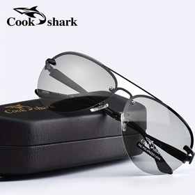 Resim Light-Adaptive Tinting, Yarı Çerçeve Yarım-Rim Tasarımı, Geniş Uyum (>139mm) ile Cook Shark Erkek Polarize Moda Gözlükleri, Sürüş ve Günlük Kullanım için Kılıf Dahil 