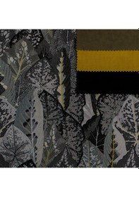 Resim Siyah Gri Yaprak Desen Dokuma Dijital Baskılı Petek Kumaş 