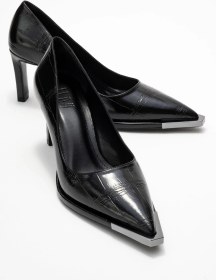 Resim Luvi Shoes Lıora Siyah Baskı Platin Detaylı Kadın Blok Topuklu Topuklu Ayakkabı Siyah 