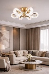 Resim Arel 6'lı Plafonyer Gold Led Avize Kristal Görünüm Beyaz Işık Enerji Tasarruflu Oturma Odası Yemek Odası 