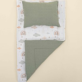 Resim Alt Açma Matı ve Yastık - Çift Taraflı - Koyu Yeşil Örgü - Yeşil Gökkuşağı 