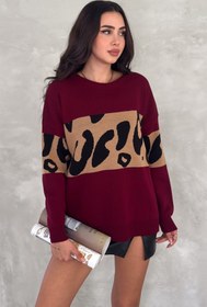 Resim FEMELLE Kadın Bordo Standart Beden Leopar Desen Oversize Triko Kazak 