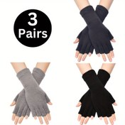 Resim Soğuk havalarda rahat ve şık parmak arası eldivenler, uzun bilek manşetli yarım parmak kış örgü eldivenler, kadınlar için 3 çift 