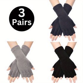 Resim Soğuk havalarda rahat ve şık parmak arası eldivenler, uzun bilek manşetli yarım parmak kış örgü eldivenler, kadınlar için 3 çift 
