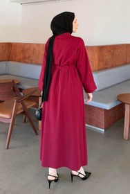 Resim lamelif.com Takma Manşet Detaylı Dabıl Tesettür Elbise Bordo 