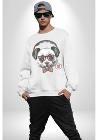 Resim Kulaklıklı Hipster Portre Panda Unisex Beyaz Baskılı Sweatshirt Beyaz 