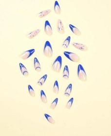 Resim Mavi Desenli French'li Badem Takma Tırnak Seti 24 Adet 